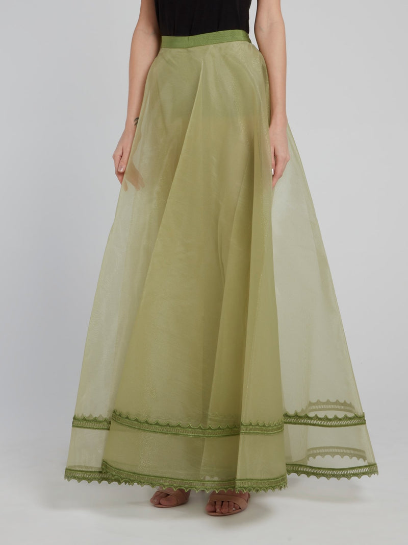 Оливковая прозрачная юбка-макси с подкладом