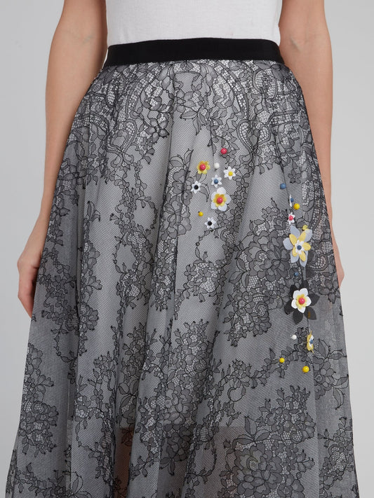 Floral Embellished Lace Midi Skirt