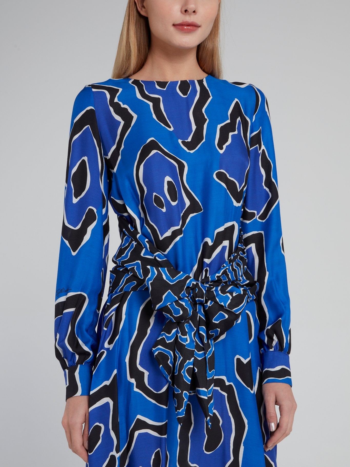 Blue Tie Front Bishop Sleeve Mini Dress