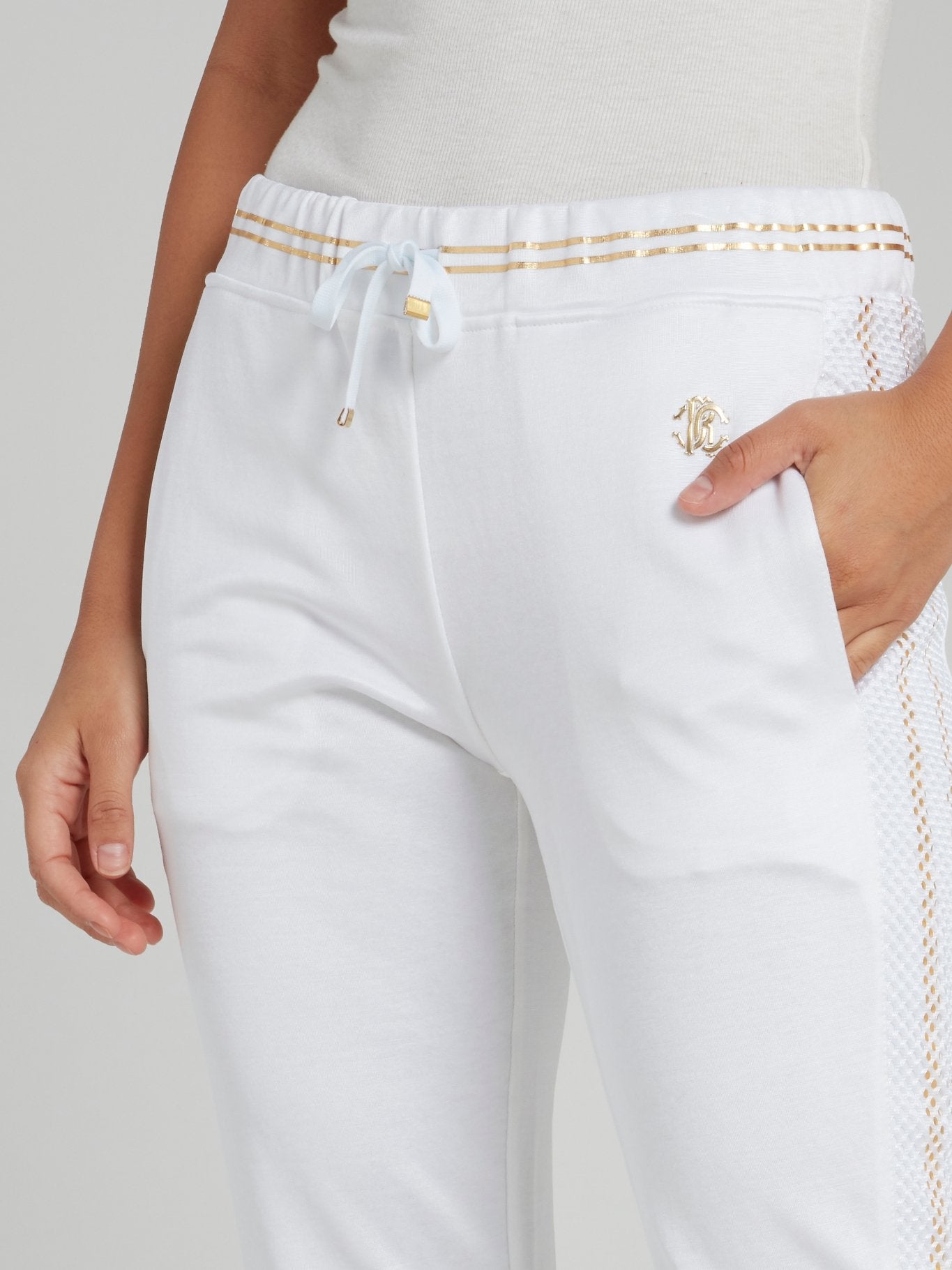 White with Gold Stripe Edge Drawstring Track Pants