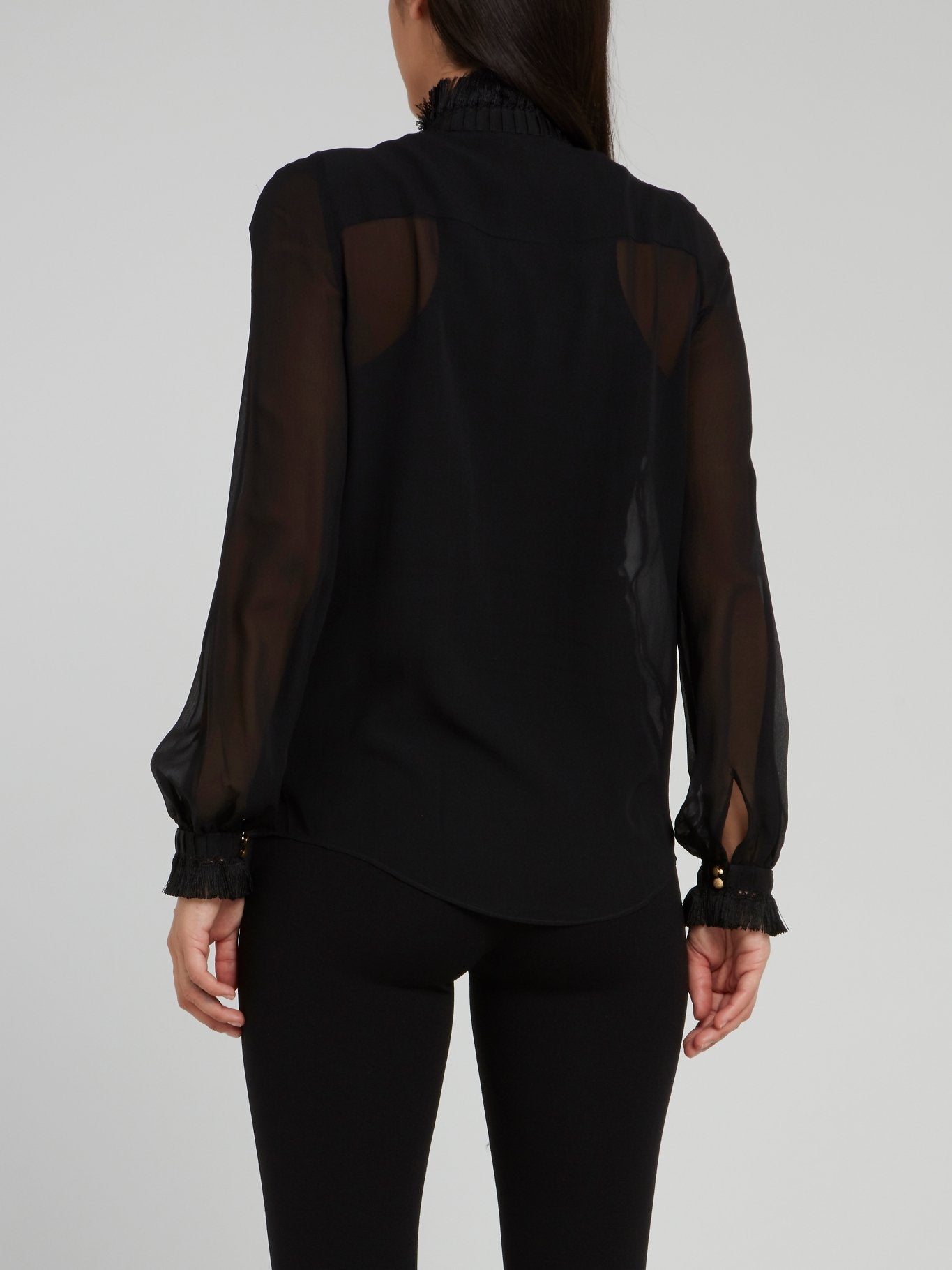 Черная прозрачная блузка с бахромой и манжетами