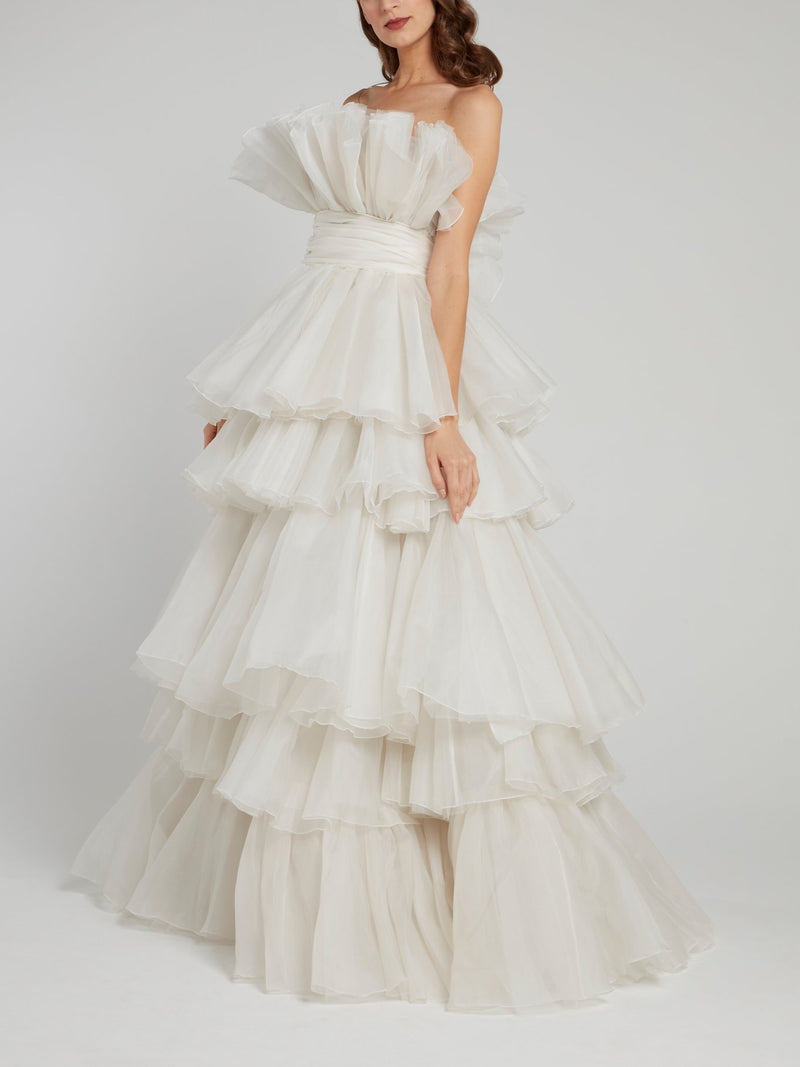 White Tiered Ruffle Empire Bridal Gown