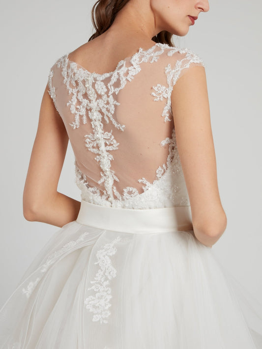 White Illusion Neckline Ruffle Bridal Gown
