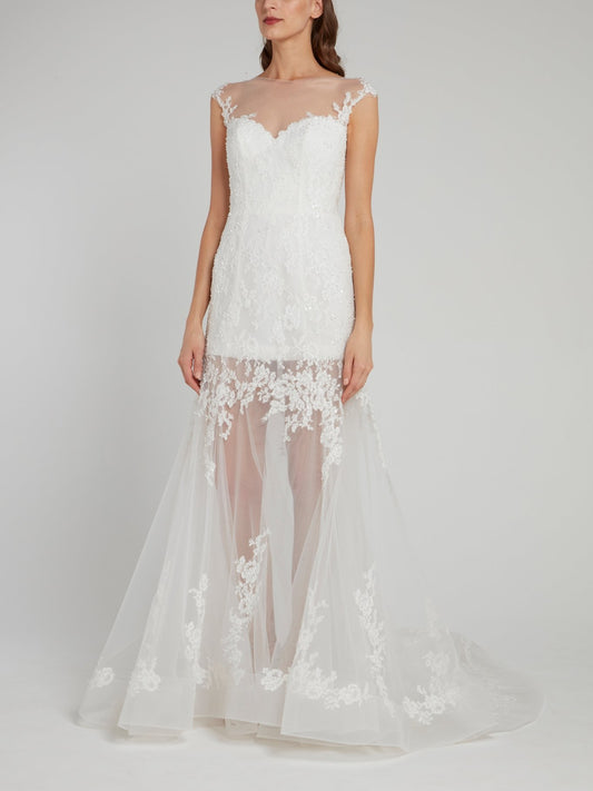 White Illusion Neckline Ruffle Bridal Gown