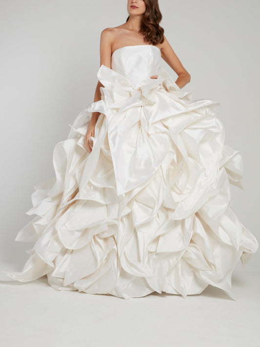 White Strapless Ruffled Ball Gown Bridal Dress