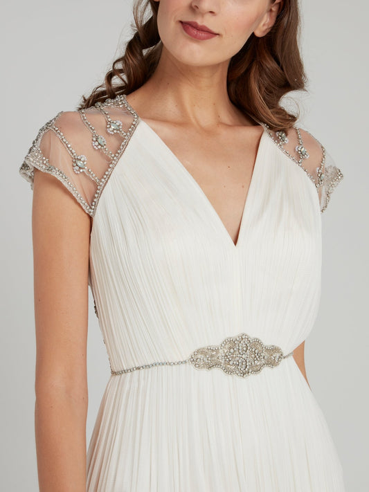 Crystal Detail Overlay Pleated Bridal Dress