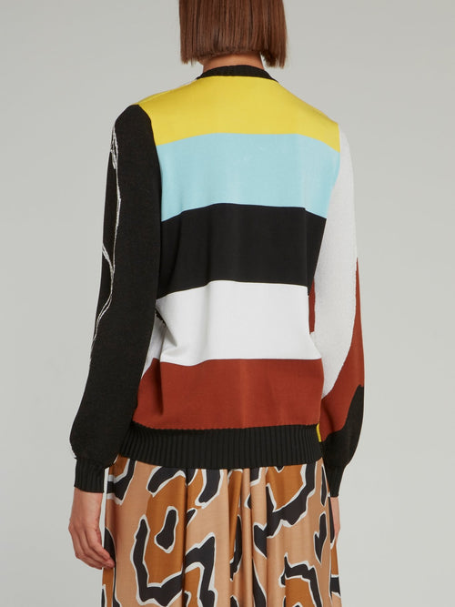 Art Print Back Stripe Knitted Pullover