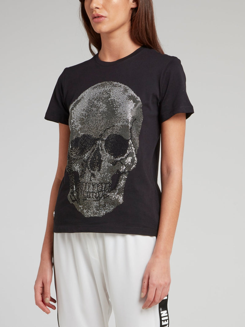 Черная хлопковая футболка с изображением черепа и стразами