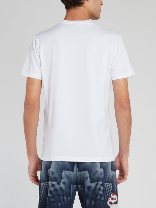 White Logo Round Neck Cotton T-Shirt