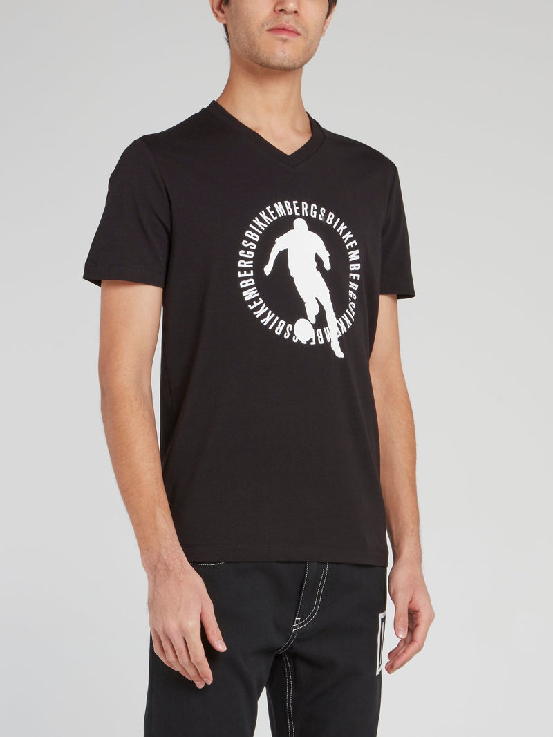 Black Sport Print V-Neck T-Shirt