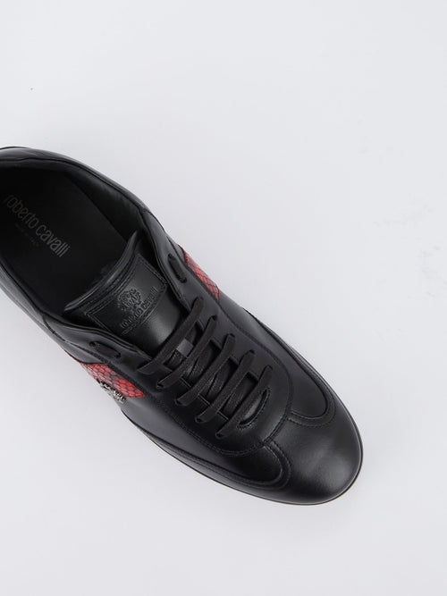 Черные кожаные кроссовки с красной вставкой с эффектом змеиной кожи