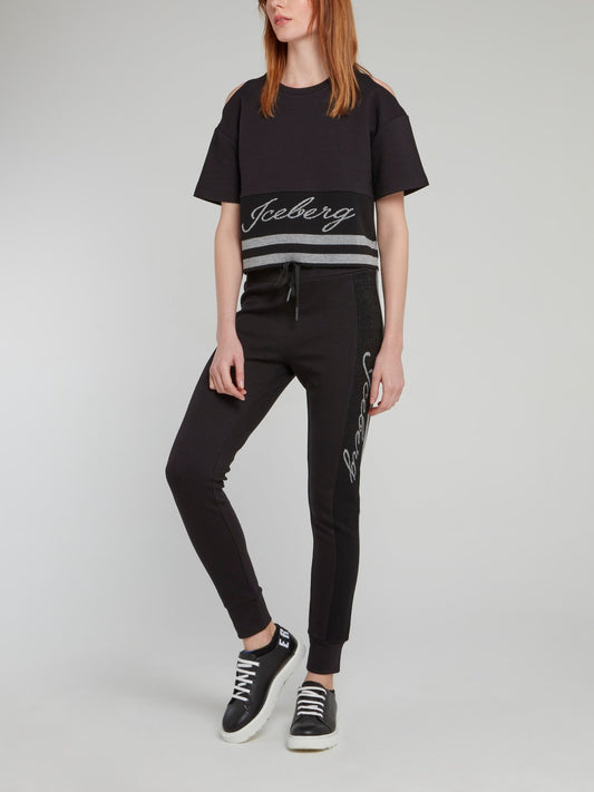 Black Cold Shoulder Logo Top