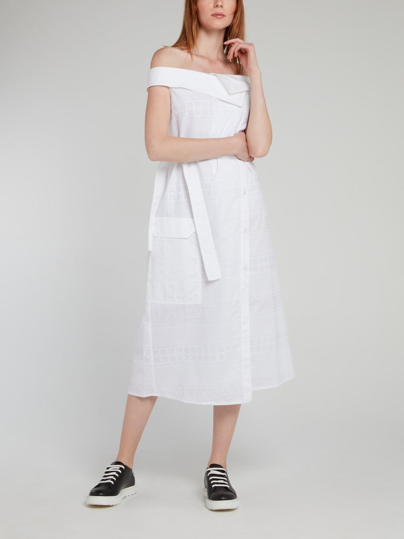 White Off-The-Shoulder Tie Front Midi Dress
