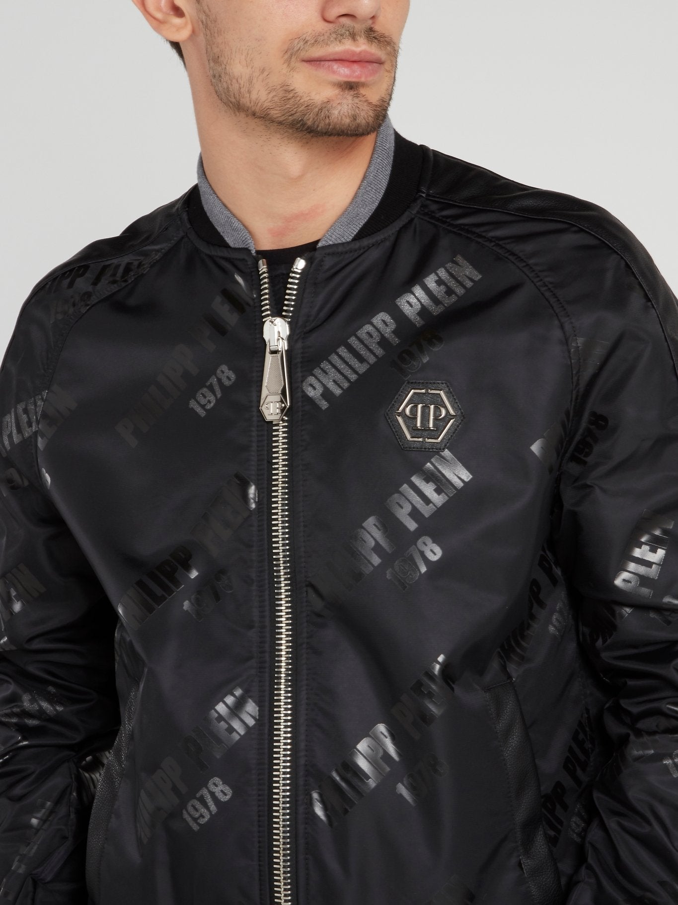 monogram printed leather biker jacket