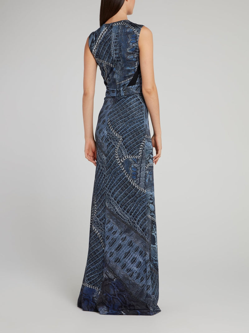 Темно-синее платье-макси с эффектом змеиной кожи