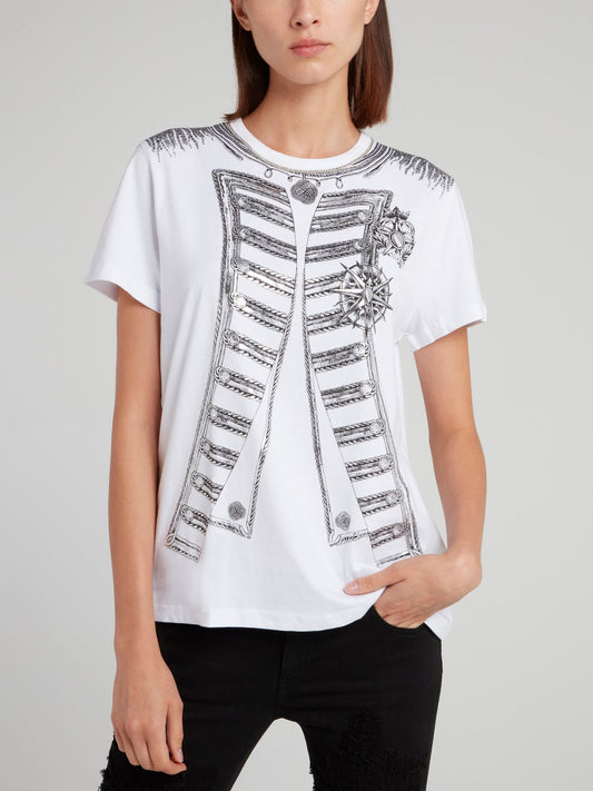 White Chain Embellished Printed Shirt