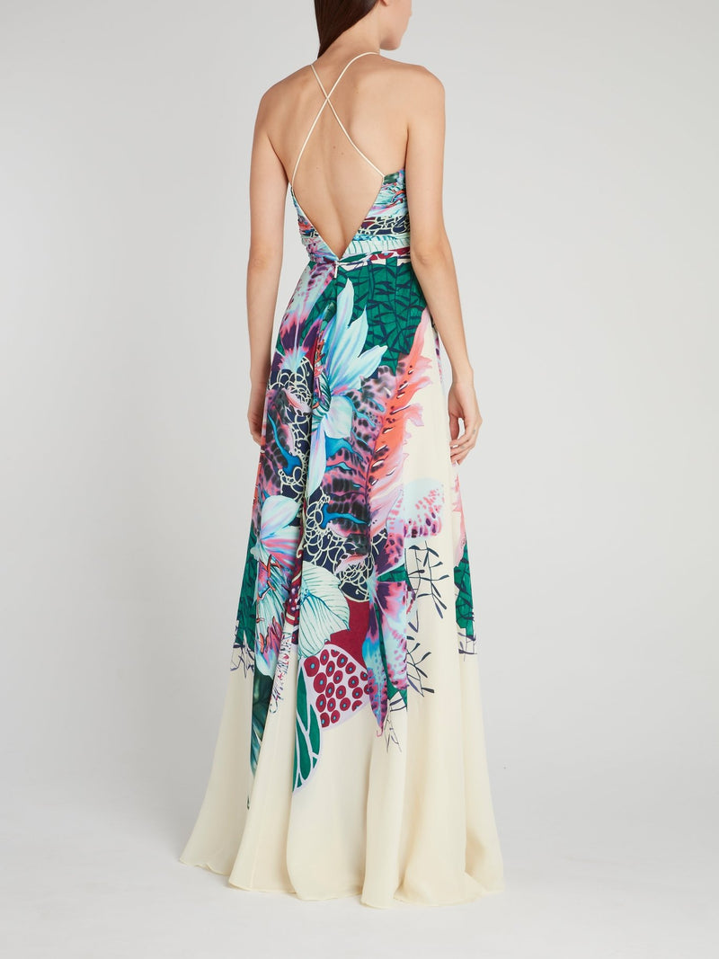 Tropical Print Halter Silk Dress
