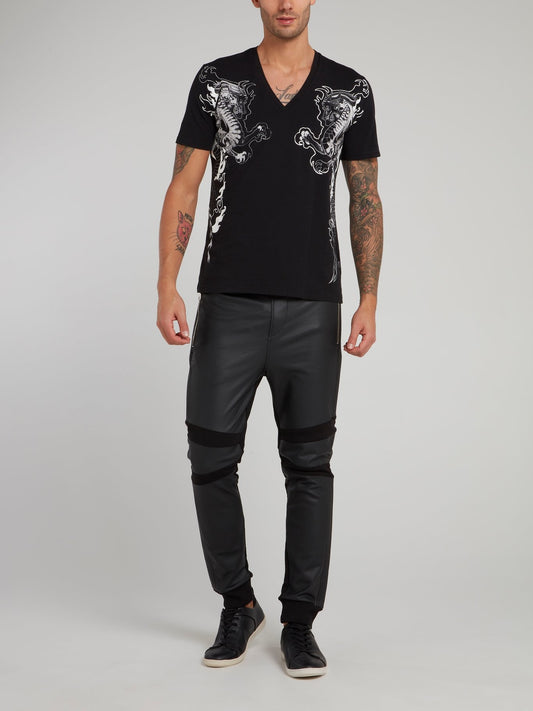 Black Dragon Print V-Neck T-Shirt