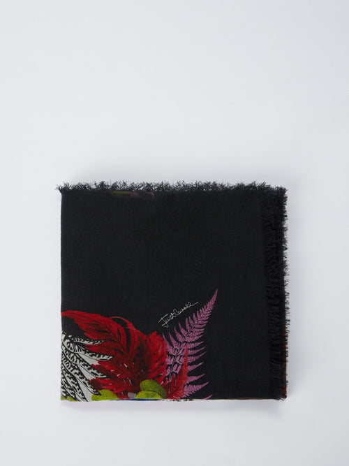 Черный платок с цветочным принтом и бахромой