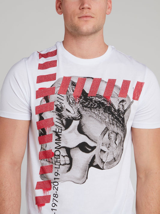 White Cranium Print Studded T-Shirt