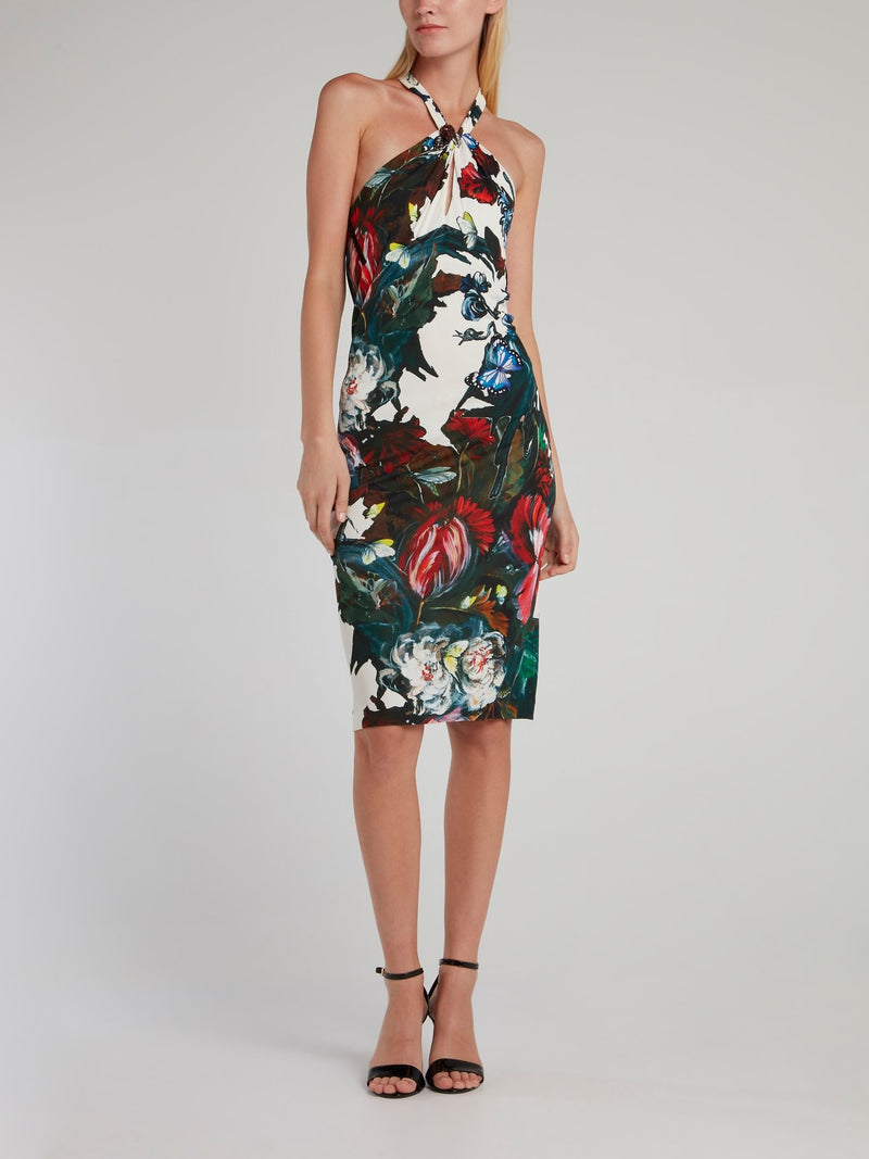 Платье-мини с вырезом халтер и цветочным принтом