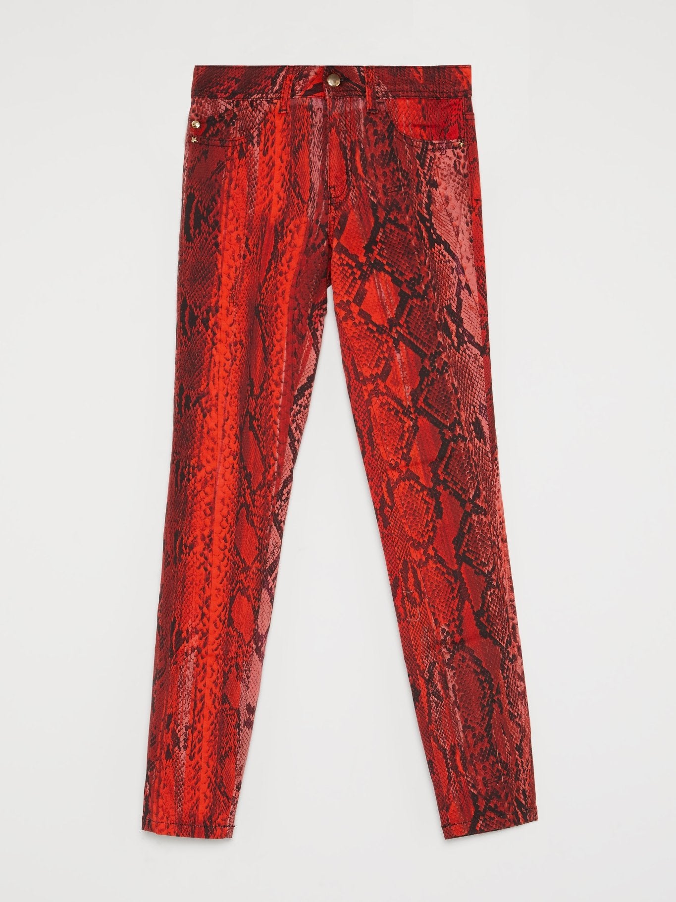 Красные узкие брюки с эффектом змеиной кожи