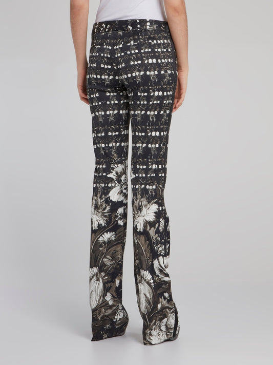 Black Floral Print Bootcut Trousers