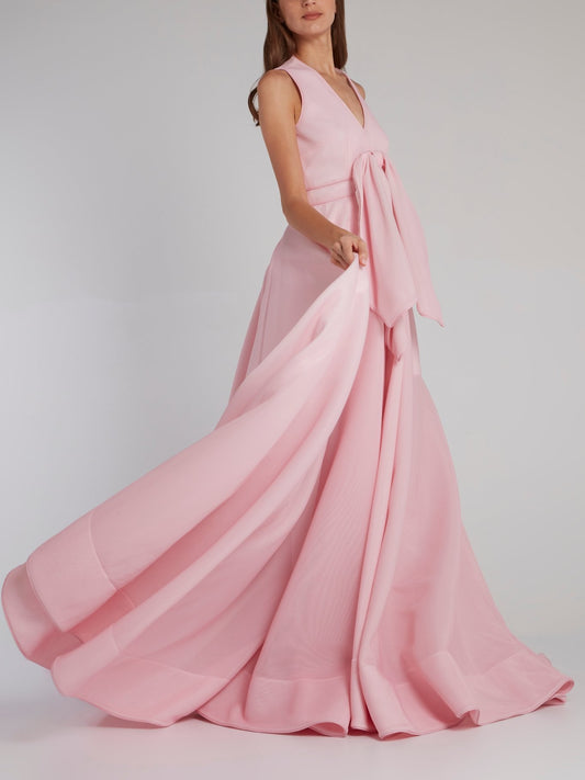 Розовое платье А-силуэта с бантом