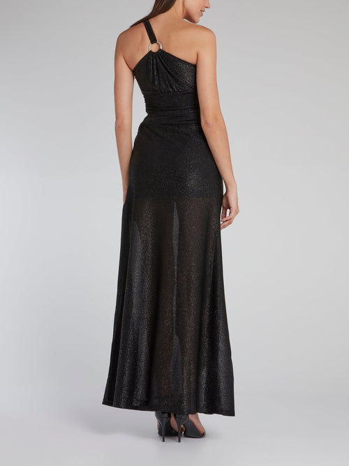 Black One-Shoulder Glitter Maxi Dress