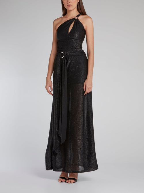 Black One-Shoulder Glitter Maxi Dress