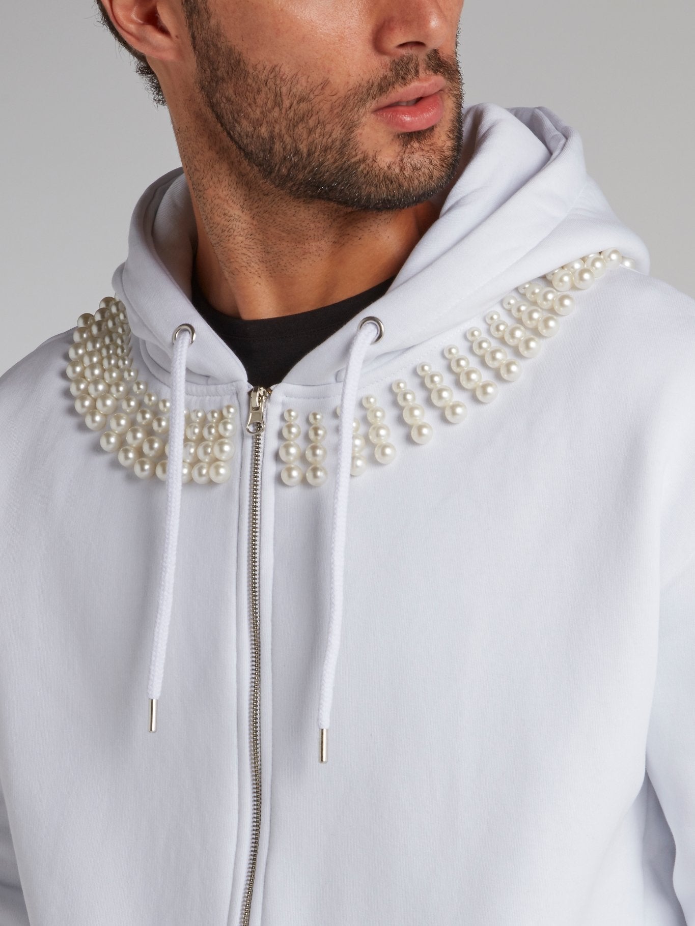 White Pearl Embellished Statement Hoodie – Maison-B-More Global Store
