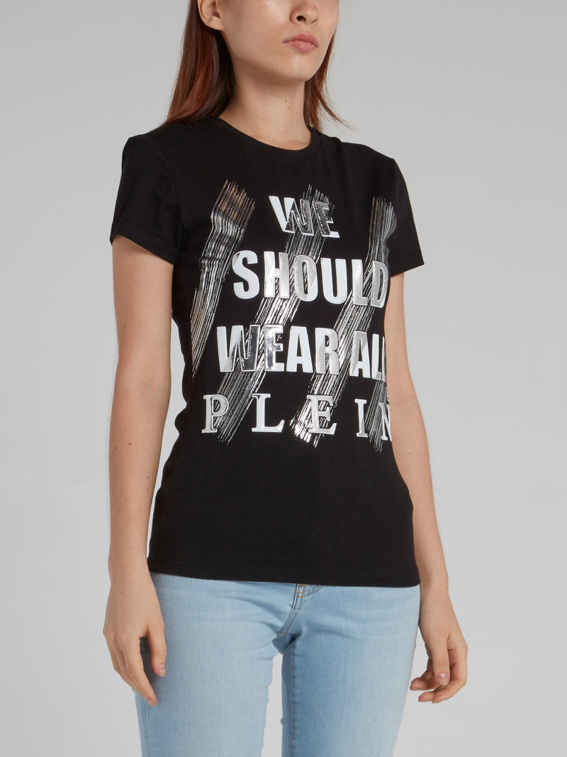 Black with Silver Print Statement T-Shirt