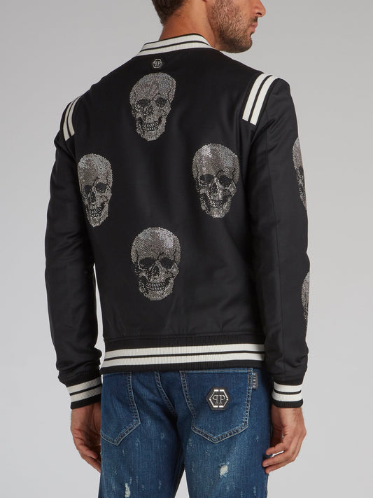 Black Contrast Skull Bomber Jacket