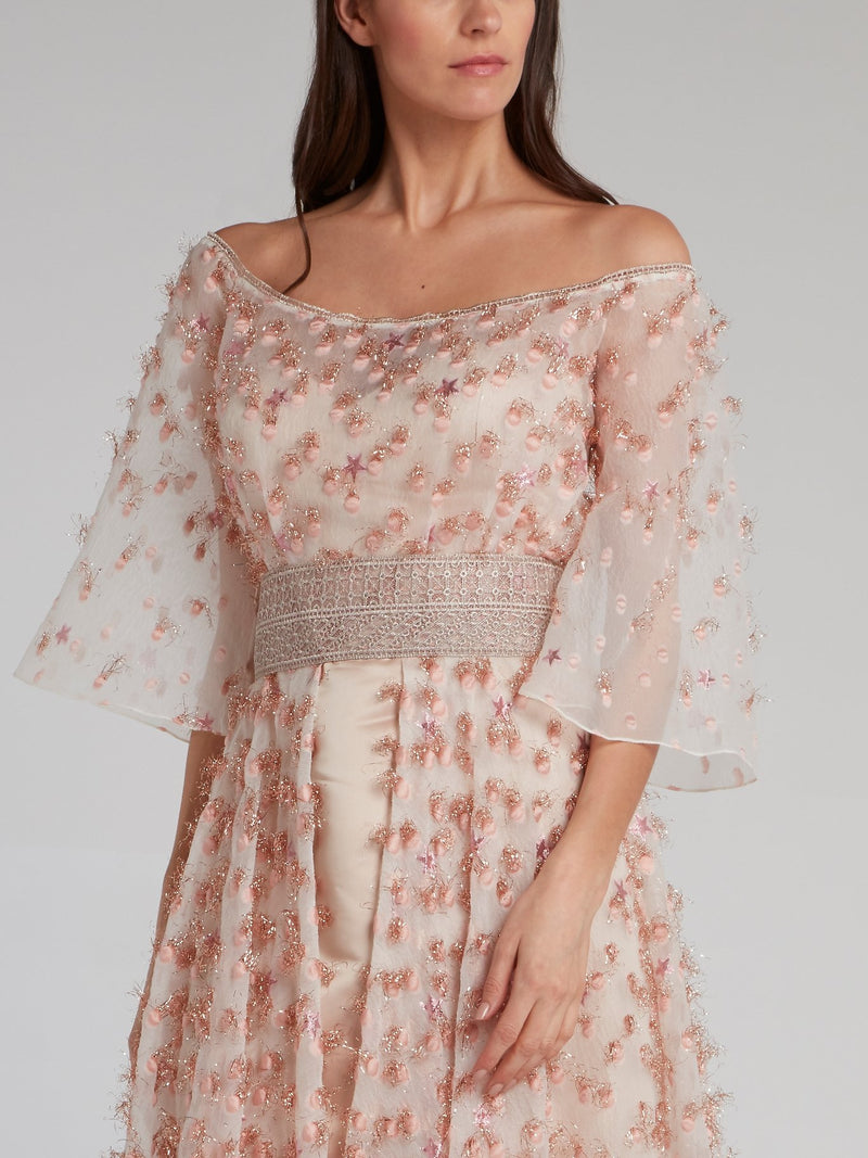 Pink Off-The-Shoulder Embellished Overlay Dress