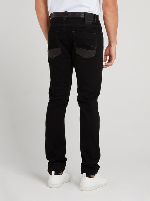 Черные джинсы с кожаными вставками