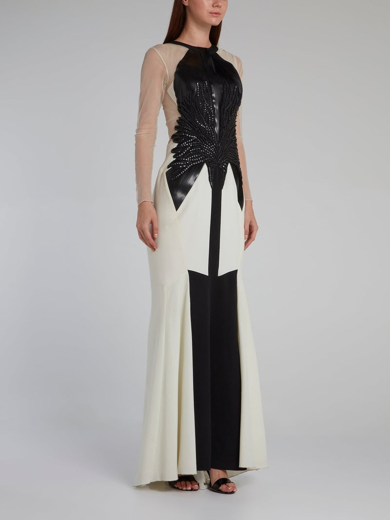White Contrast Mesh Bodice Gown