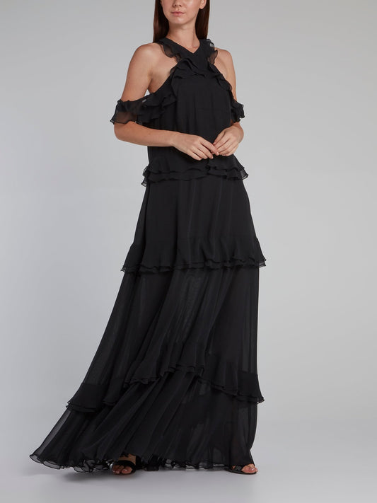 Black Drop Shoulder Tiered Ruffle Dress