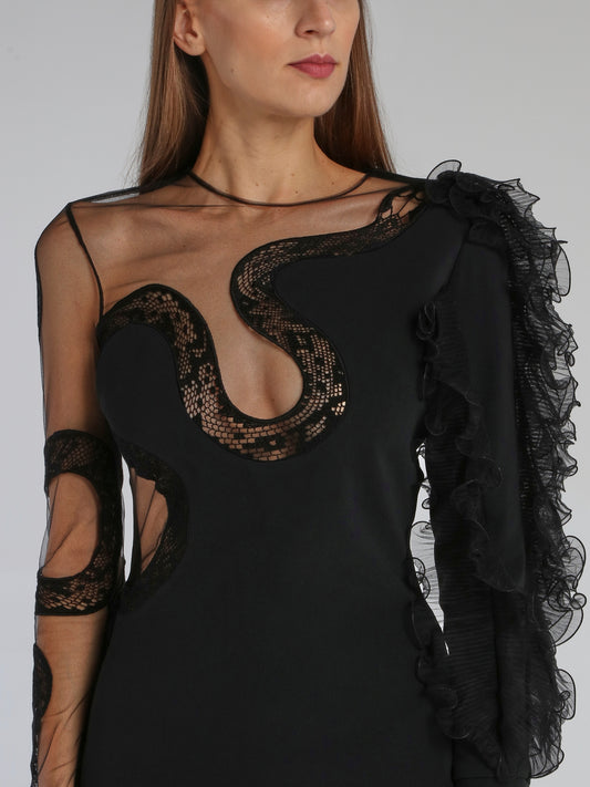 Black Snake Lace Ruffle Bodysuit