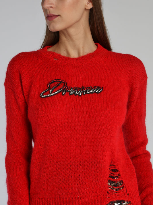 Red Distressed Embellished Sweater