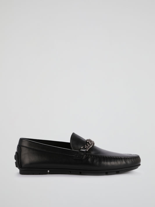 Black Chain Monogram Leather Loafers