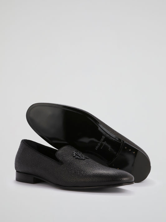 Black Cloqué Leather Loafers