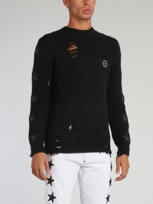 Black Distressed Ribbed Pullover