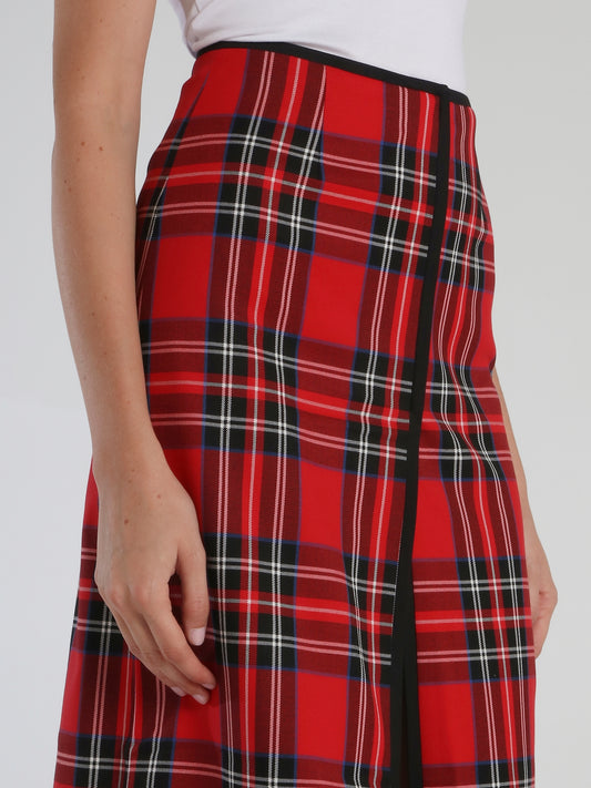 Red Scotland Check Front-Slit Skirt