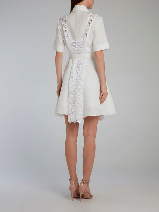 White Crochet Panel Linen Shirt Dress