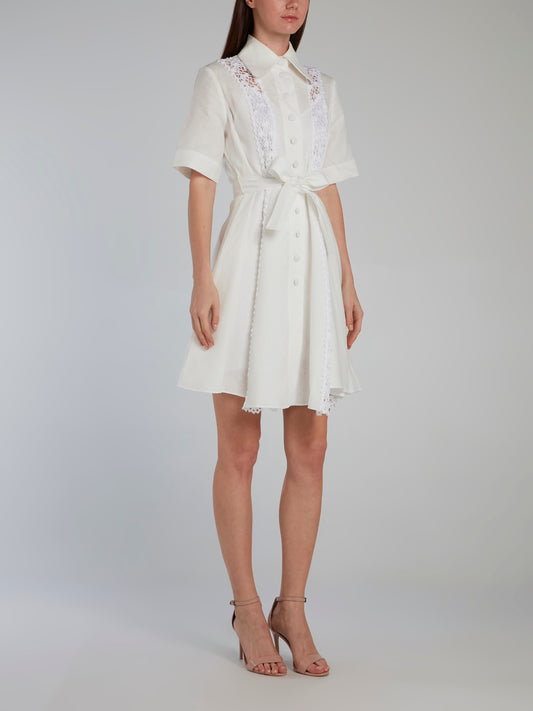 White Crochet Panel Linen Shirt Dress