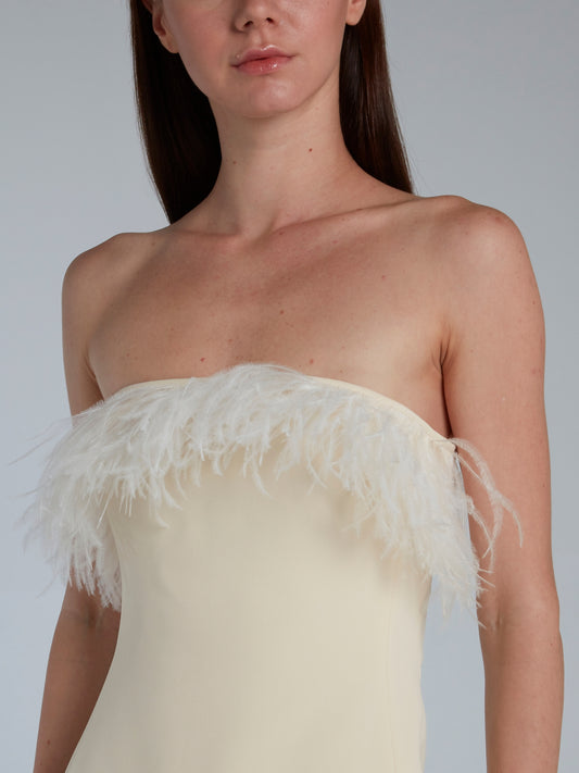 Feather Trim Asymmetrical Hem Strapless Midi Dress