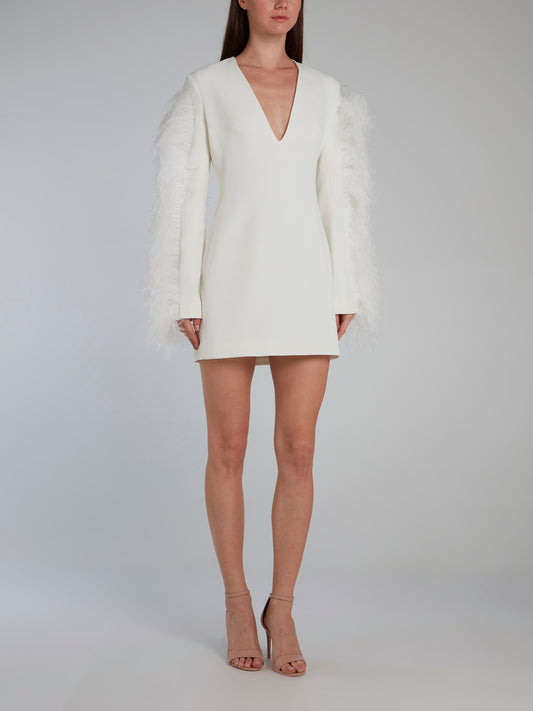 White Feather Sleeve V-Neck Mini Dress