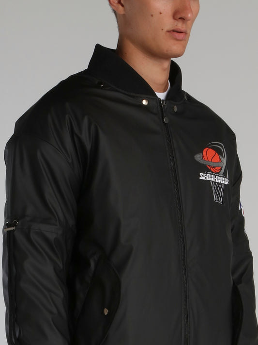 Black Basketball Logo Leather Jacket