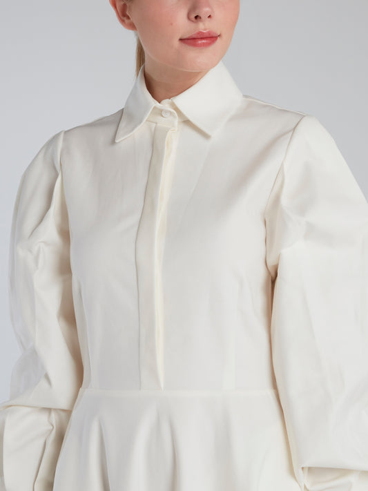 White Open Back Bishop Sleeve Shirt Dress