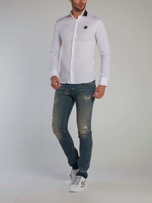 White Spike Studded Collar Shirt